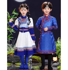 Girls chinese folk dance costumes boys kids mongolian ethnic performance dresses